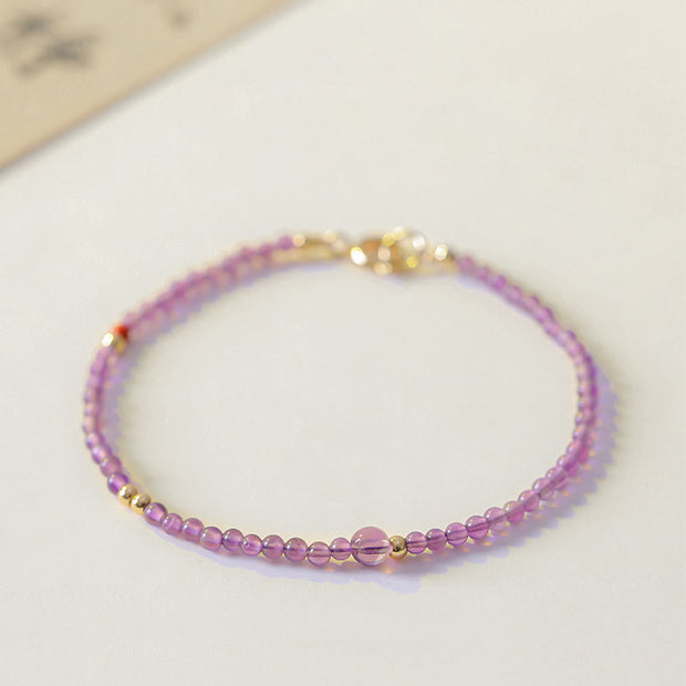 Buddha Stones 2mm Ultra-Thin Beads Natural Amethyst 14k Gold Plated Copper Inner Peace Meditation Bracelet Bracelet BS 2mm Amethyst(Wrist Circumference: 15cm)+Extension Chain