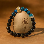 Buddha Stones Silver Sheen Obsidian Blue Tiger Eye Om Mani Padme Hum Protection Bracelet