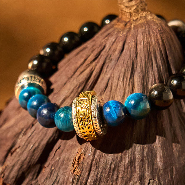 FREE Today: Communication and Positive Silver Sheen Obsidian Blue Tiger Eye Om Mani Padme Hum Bracelet