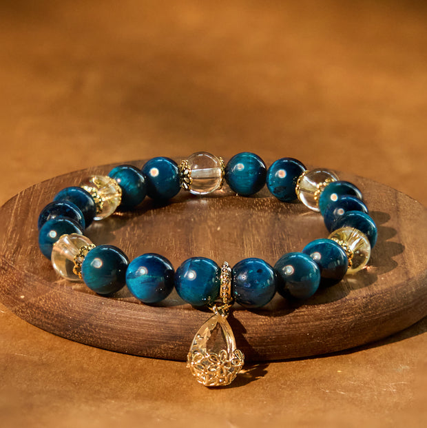 Buddha Stones Blue Tiger Eye White Crystal Water Drop Strength Bracelet