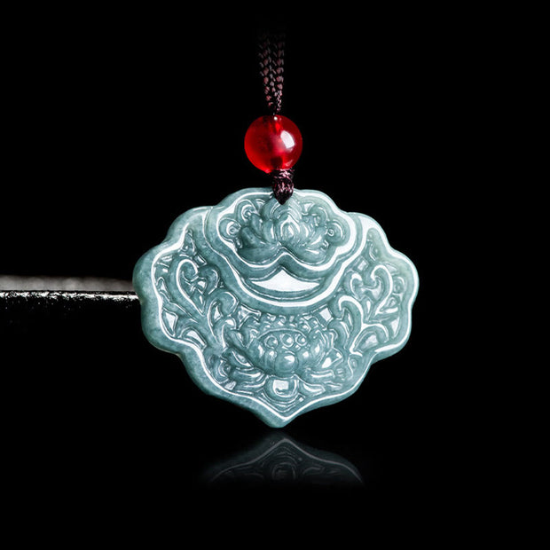 Buddha Stones Lotus Pattern Carved Jade Abundance Prosperity Necklace Rope Pendant