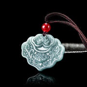 Buddha Stones Lotus Pattern Carved Jade Abundance Prosperity Necklace Rope Pendant