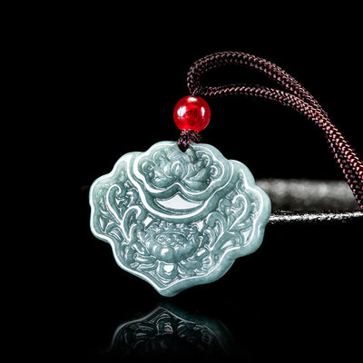 Buddha Stones Lotus Pattern Carved Jade Abundance Prosperity Necklace Rope Pendant Necklaces & Pendants BS Jade