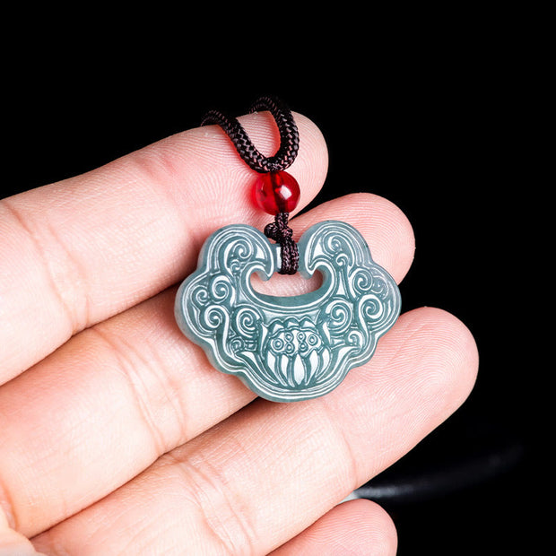 Buddha Stones Lotus Carved Jade Ruyi Abundance Prosperity Abundance Necklace Pendant Necklaces & Pendants BS 3