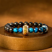 Buddha Stones Silver Sheen Obsidian Blue Tiger Eye Om Mani Padme Hum Protection Bracelet