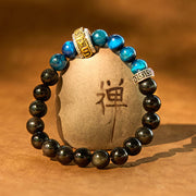 Buddha Stones Silver Sheen Obsidian Blue Tiger Eye Om Mani Padme Hum Protection Bracelet