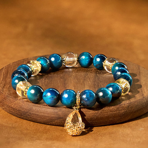 Buddha Stones Blue Tiger Eye White Crystal Water Drop Strength Bracelet