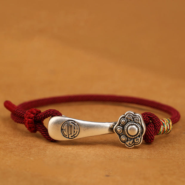 Buddha Stones 999 Sterling Silver Ruyi Stick String Protection Braided Bracelet Bracelet BS Dark Red Rope 19-21cm