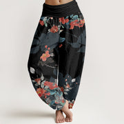 Buddha Stones Red Flowers Green Leaves Bird Women's Elastic Waist Harem Pants Women's Harem Pants BS Black US22，UK/AU26，EU54 (6XL)