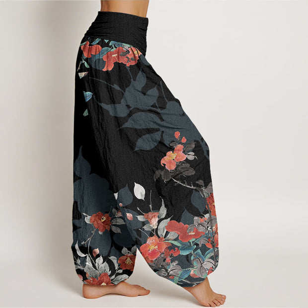 Buddha Stones Red Flowers Green Leaves Bird Women's Elastic Waist Harem Pants Women's Harem Pants BS 1