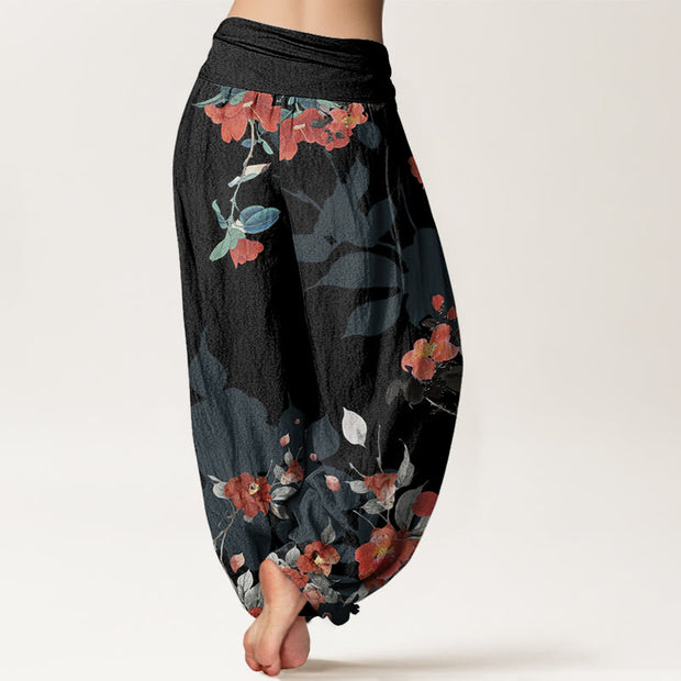 Buddha Stones Red Flowers Green Leaves Bird Women's Elastic Waist Harem Pants Women's Harem Pants BS 2