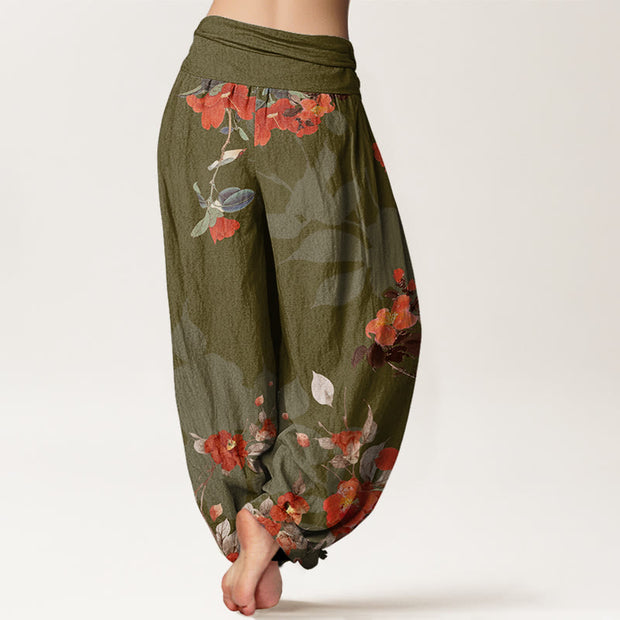 Buddha Stones Red Flowers Green Leaves Bird Women's Elastic Waist Harem Pants Women's Harem Pants BS 6