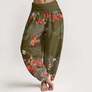 Buddha Stones Red Flowers Green Leaves Bird Women's Elastic Waist Harem Pants Women's Harem Pants BS Olive US22，UK/AU26，EU54 (6XL)