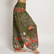 Buddha Stones Red Flowers Green Leaves Bird Women's Elastic Waist Harem Pants Women's Harem Pants BS 5