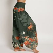 Buddha Stones Red Flowers Green Leaves Bird Women's Elastic Waist Harem Pants