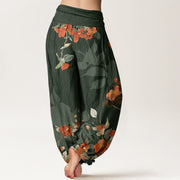 Buddha Stones Red Flowers Green Leaves Bird Women's Elastic Waist Harem Pants Women's Harem Pants BS 9