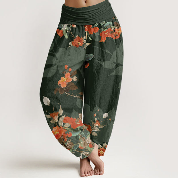 Buddha Stones Red Flowers Green Leaves Bird Women's Elastic Waist Harem Pants