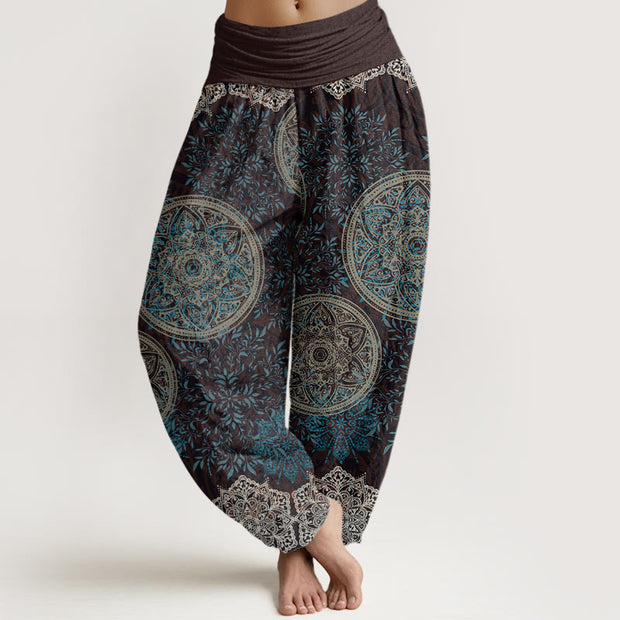 Buddha Stones Mandala Pattern Leaves Women's Elastic Waist Harem Pants Women's Harem Pants BS Brown US22，UK/AU26，EU54 (6XL)