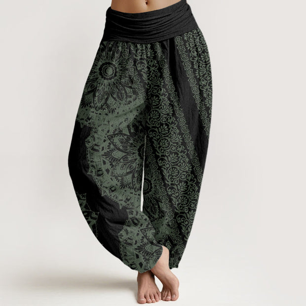 Buddha Stones Mandala Pattern Parallel Flowers Women's Elastic Waist Harem Pants Women's Harem Pants BS Black US22，UK/AU26，EU54 (6XL)