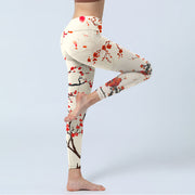 Buddha Stones Blooming Red Plum Blossoms Print Gym Leggings Women's Yoga Pants