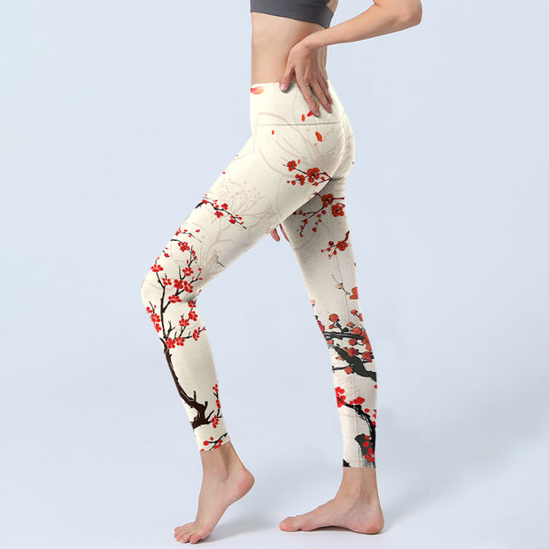 Buddha Stones Blooming Red Plum Blossoms Print Gym Leggings Women's Yoga Pants - image 3
