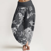 Buddha Stones Koi FIsh Lotus Waves Women's Elastic Waist Harem Pants