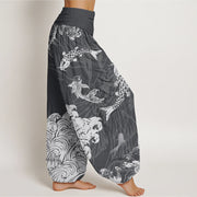 Buddha Stones Koi FIsh Lotus Waves Women's Elastic Waist Harem Pants