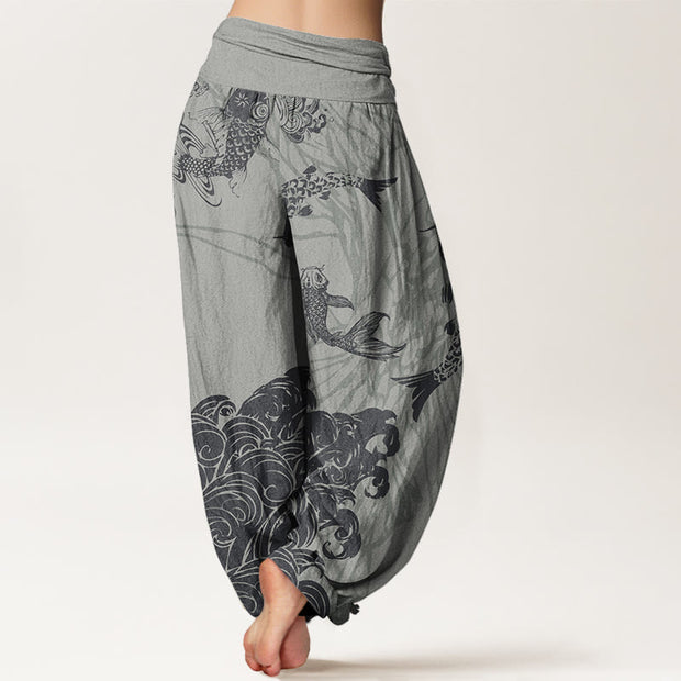 Buddha Stones Koi FIsh Lotus Waves Women's Elastic Waist Harem Pants