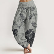 Buddha Stones Koi FIsh Lotus Waves Women's Elastic Waist Harem Pants