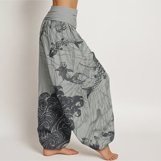 Buddha Stones Koi FIsh Lotus Waves Women's Elastic Waist Harem Pants