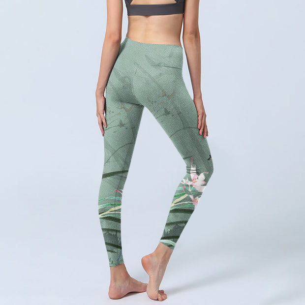 Buddha Stones White Pink Orchids Leaves Print Gym Leggings Women's Yoga Pants - image 5