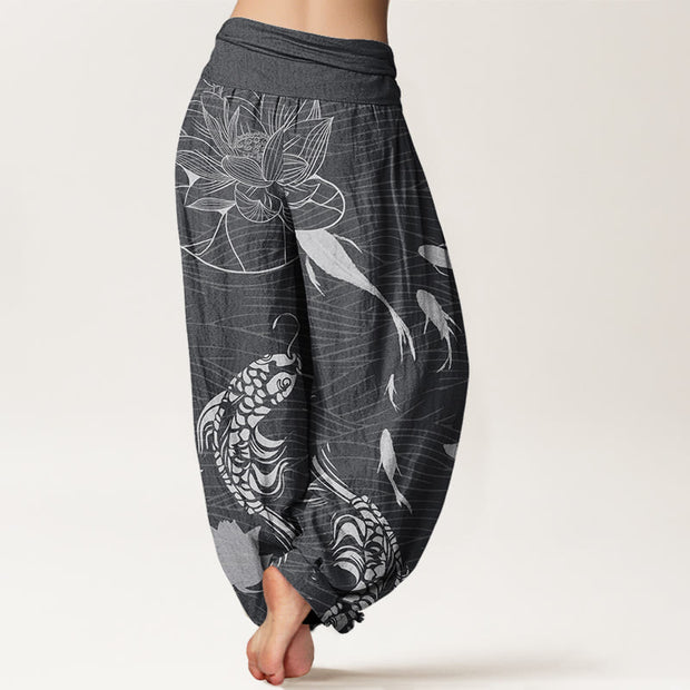 Buddha Stones Big Lotus Koi FIsh Women's Elastic Waist Harem Pants Women's Harem Pants BS 2