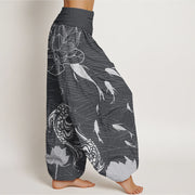 Buddha Stones Big Lotus Koi FIsh Women's Elastic Waist Harem Pants Women's Harem Pants BS 1