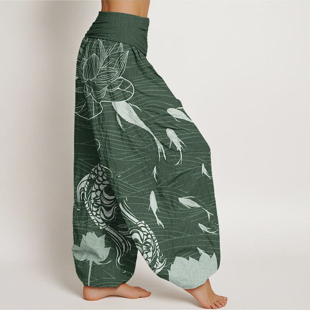 Buddha Stones Big Lotus Koi FIsh Women's Elastic Waist Harem Pants Women's Harem Pants BS 5