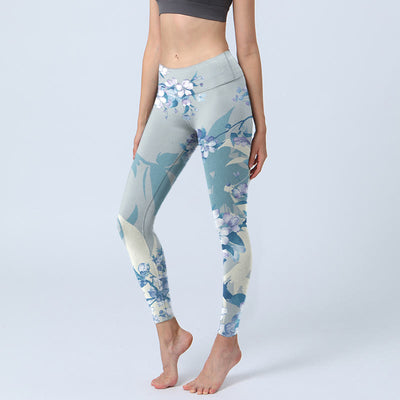 Buddha Stones White Blue Flowers Print Gym Leggings Women's Yoga Pants - LightBlue - US18，UK/AU22，EU50 (4XL) - image 1