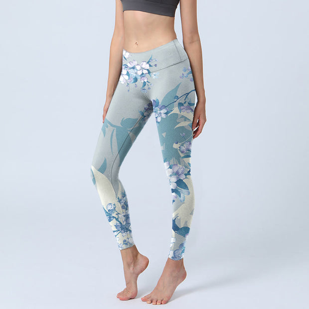 Buddha Stones White Blue Flowers Print Gym Leggings Women's Yoga Pants - LightBlue - US18，UK/AU22，EU50 (4XL) - image 1