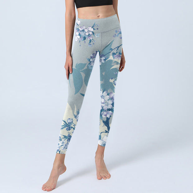 Buddha Stones White Blue Flowers Print Gym Leggings Women's Yoga Pants