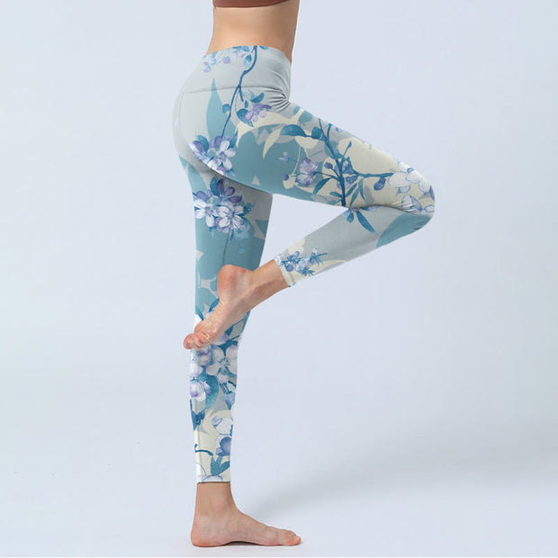 Buddha Stones White Blue Flowers Print Gym Leggings Women's Yoga Pants - image 4