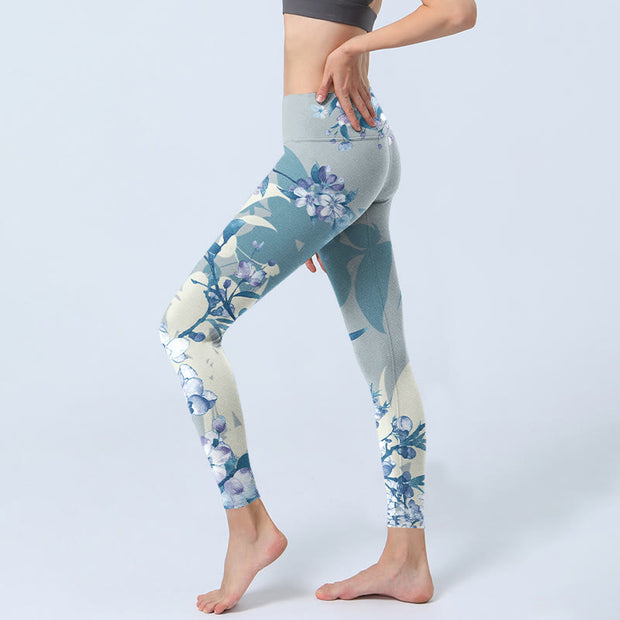 Buddha Stones White Blue Flowers Print Gym Leggings Women's Yoga Pants