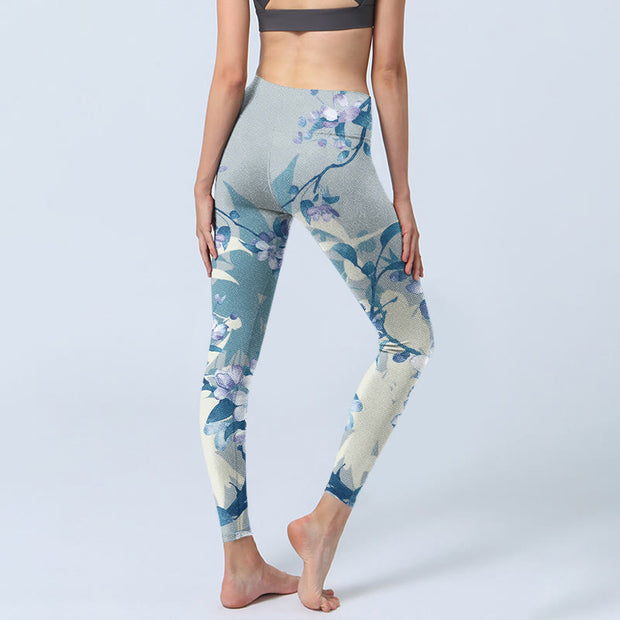 Buddha Stones White Blue Flowers Print Gym Leggings Women's Yoga Pants - image 5