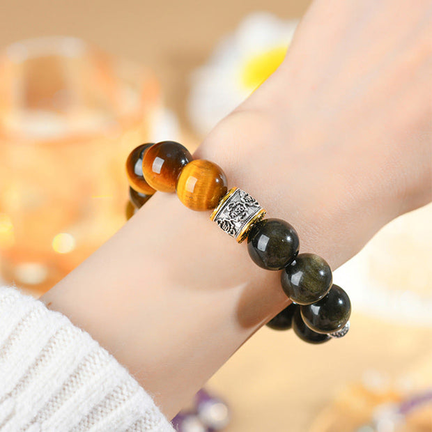 Buddha Stones Tiger Eye Gold Sheen Obsidian Om Mani Padme Hum Bracelet Bracelet BS 10