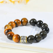 Buddha Stones Tiger Eye Gold Sheen Obsidian Om Mani Padme Hum Bracelet