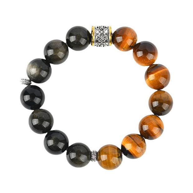 Buddha Stones Tiger Eye Gold Sheen Obsidian Om Mani Padme Hum Bracelet