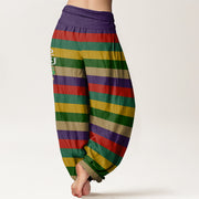 Buddha Stones Colorful Stripe Om Mani Padme Hum Women's Elastic Waist Harem Pants Women's Harem Pants BS 2