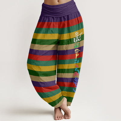 Buddha Stones Colorful Stripe Om Mani Padme Hum Women's Elastic Waist Harem Pants