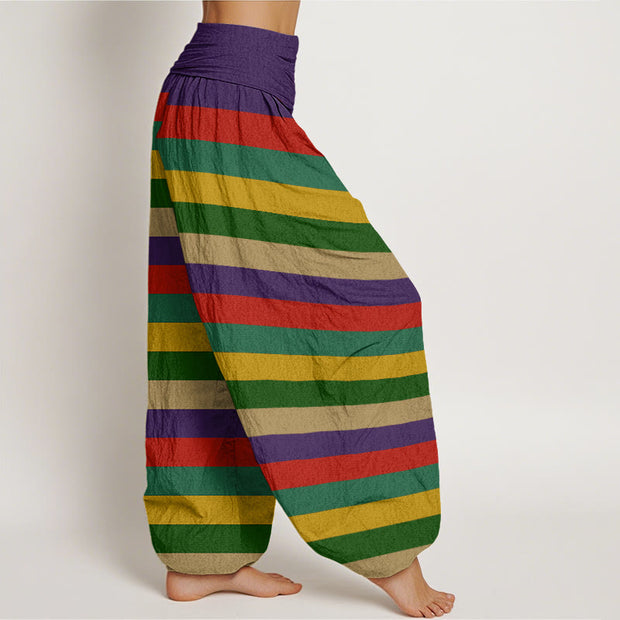 Buddha Stones Colorful Stripe Om Mani Padme Hum Women's Elastic Waist Harem Pants