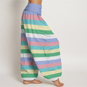 Buddha Stones Colorful Stripe Om Mani Padme Hum Women's Elastic Waist Harem Pants