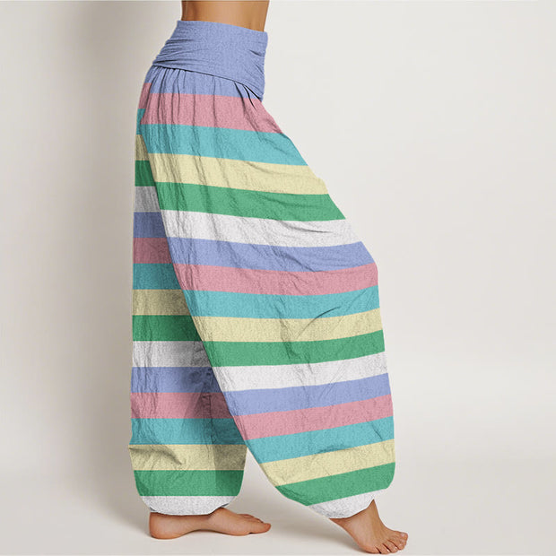 Buddha Stones Colorful Stripe Om Mani Padme Hum Women's Elastic Waist Harem Pants