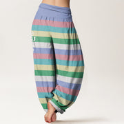 Buddha Stones Colorful Stripe Om Mani Padme Hum Women's Elastic Waist Harem Pants