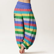 Buddha Stones Colorful Stripe Om Mani Padme Hum Women's Elastic Waist Harem Pants Women's Harem Pants BS 9